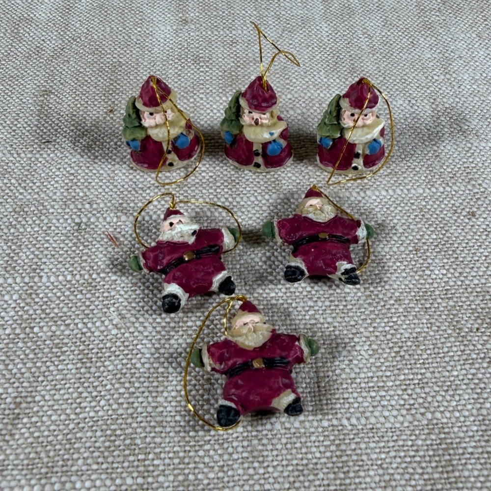 Vintage Miniature Resin Santa Christmas Ornaments Burgundy Set of 6